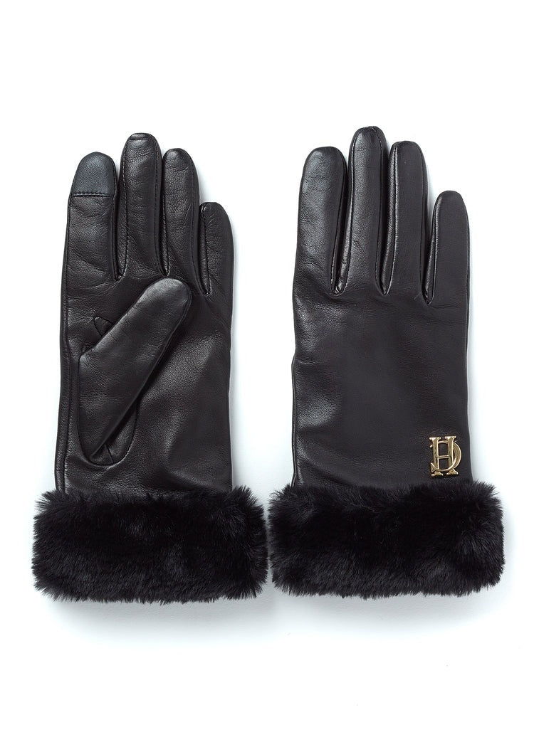 Young Ideas/Henmores - Cashmere Lined Faux Trim Leather Gloves - Black - S