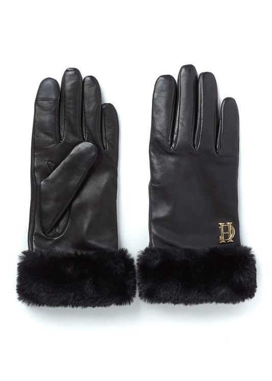 Young Ideas/Henmores - Cashmere Lined Faux Trim Leather Gloves - Black - S