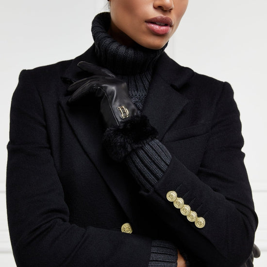 Young Ideas/Henmores - Cashmere Lined Faux Trim Leather Gloves - Black - S