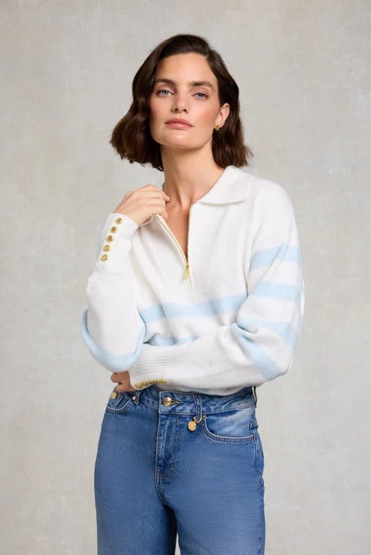 Young Ideas & Henmores - Lydia Quarter Zip Knit - Natural Powder Blue - XS
