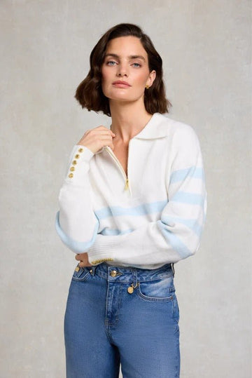 Young Ideas & Henmores - Lydia Quarter Zip Knit - Natural Powder Blue - XS