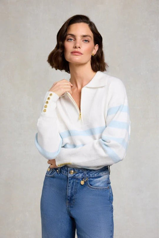 Young Ideas & Henmores - Lydia Quarter Zip Knit - Natural Powder Blue - XS