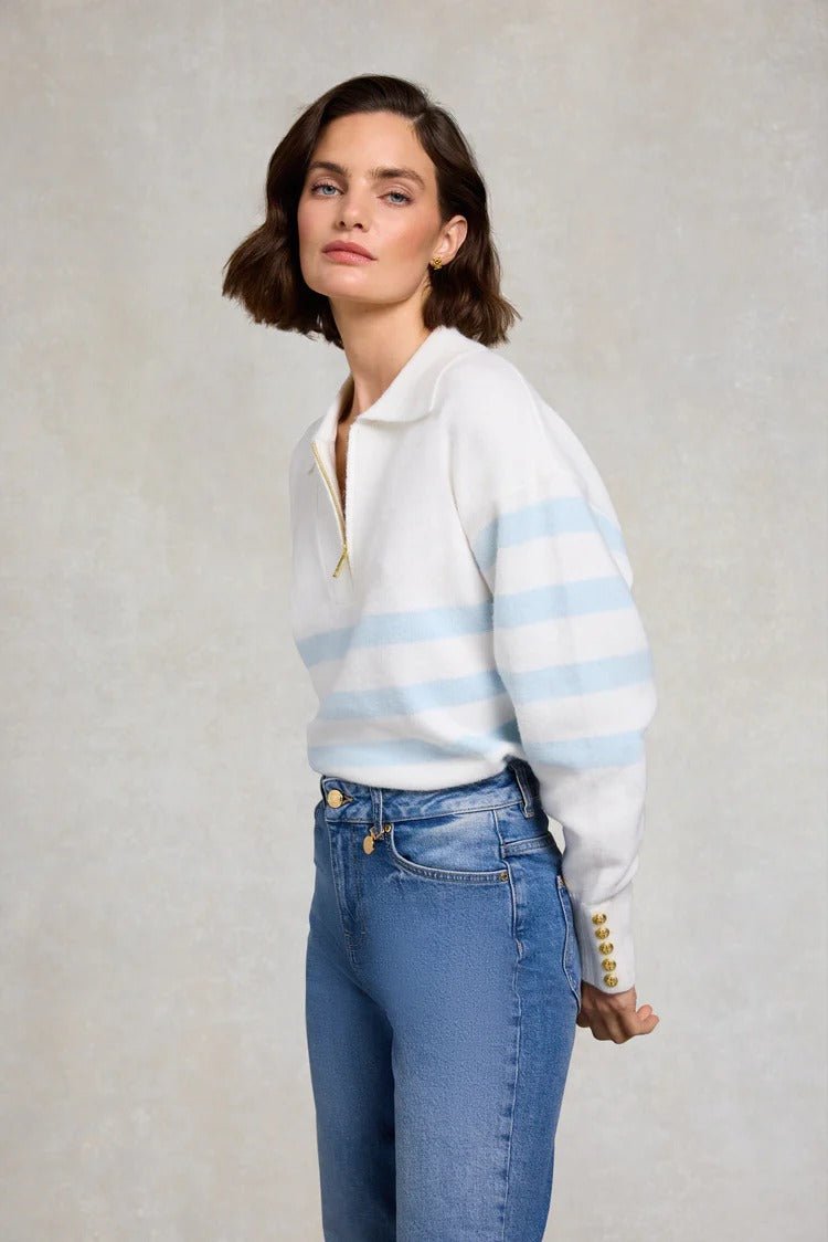 Young Ideas & Henmores - Lydia Quarter Zip Knit - Natural Powder Blue - XS