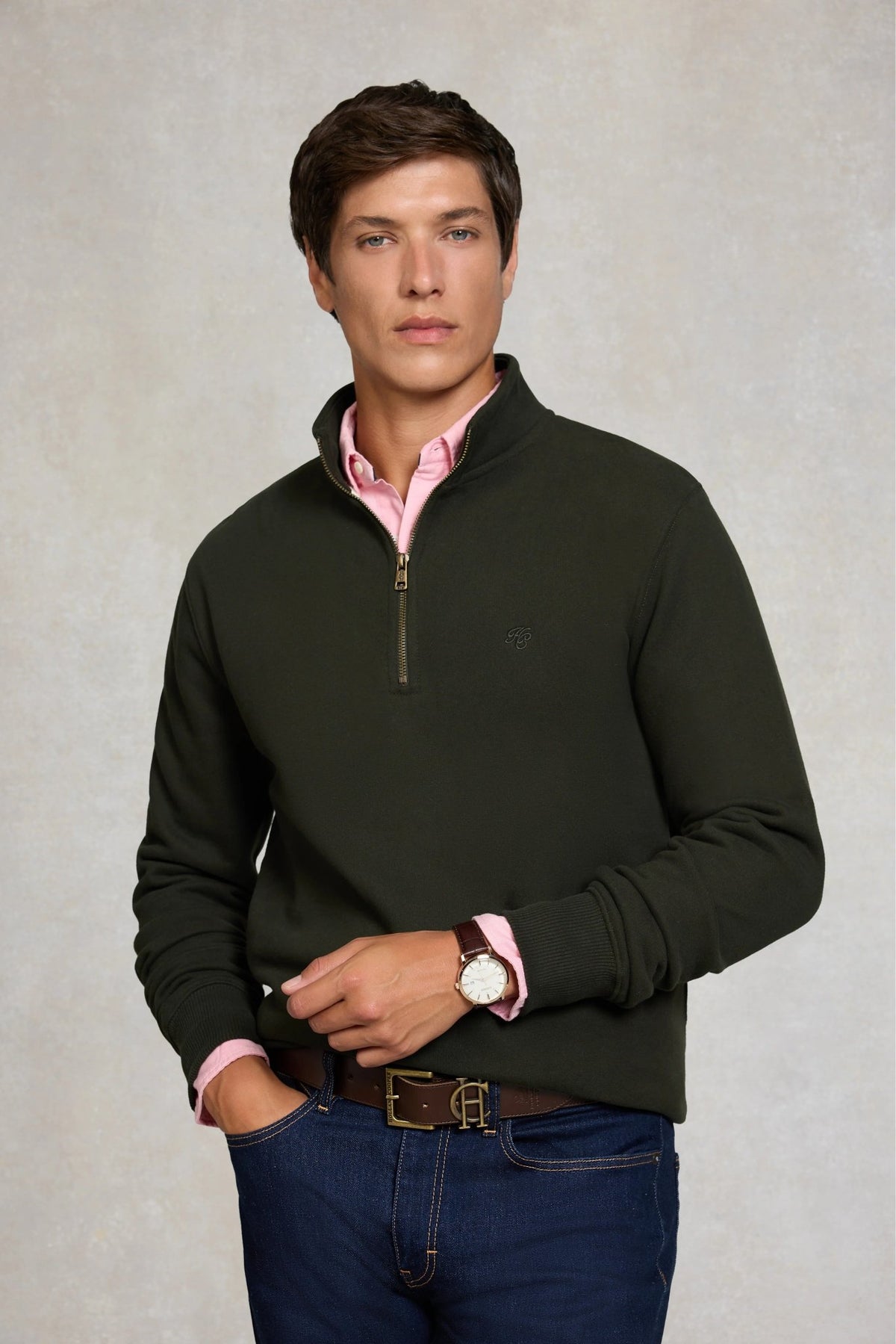 Young Ideas & Henmores -Men's Classic Quarter Zip Sweat -Racing Green -L