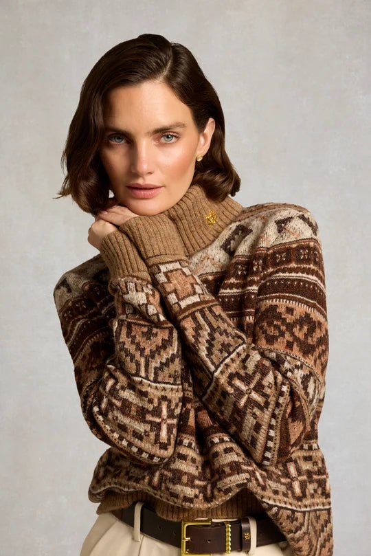 Young Ideas & Henmores -Vostock Roll Neck Knit -Camel Fairisle -L