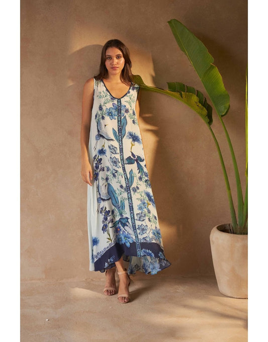 Young Ideas/Henmores - Daphne Silk Crystal Front Dress - Blue Flowers - XS