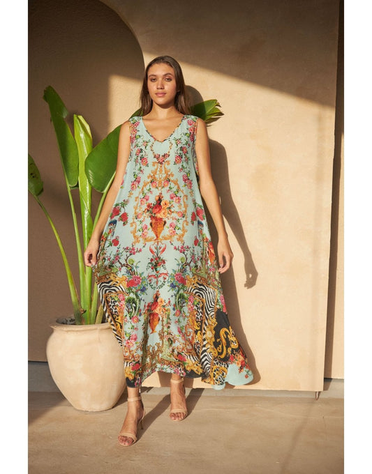 Young Ideas/Henmores - Daphne Silk Crystal Front Dress - Blue Flowers - XS