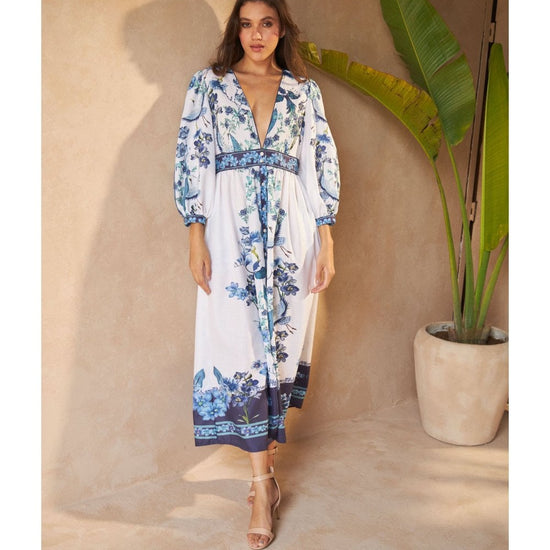 Young Ideas/Henmores - Saigon Linen Crystal Dress - Blue Flowers - XS