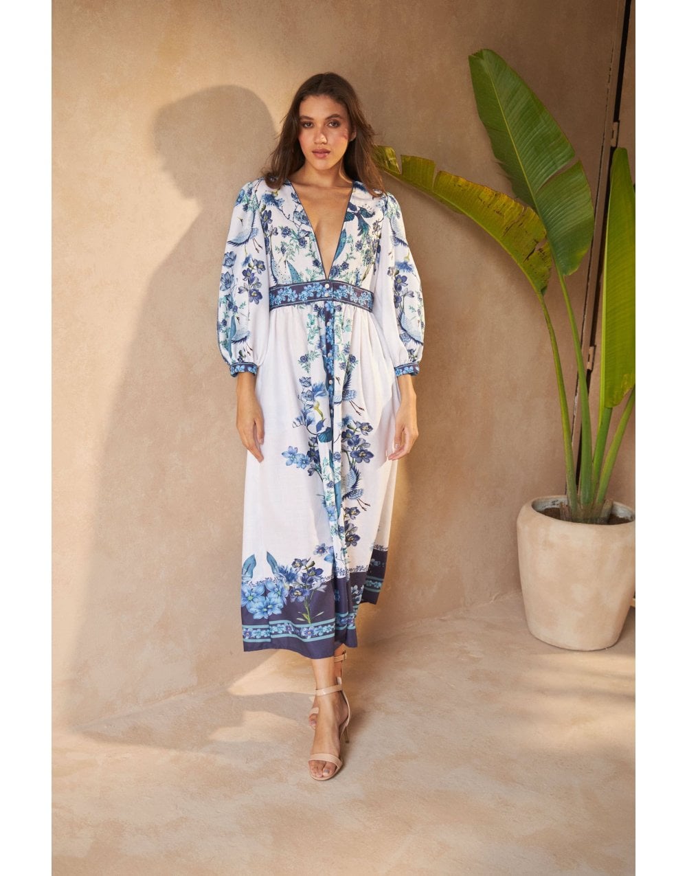 Young Ideas/Henmores - Saigon Linen Crystal Dress - Blue Flowers - XS