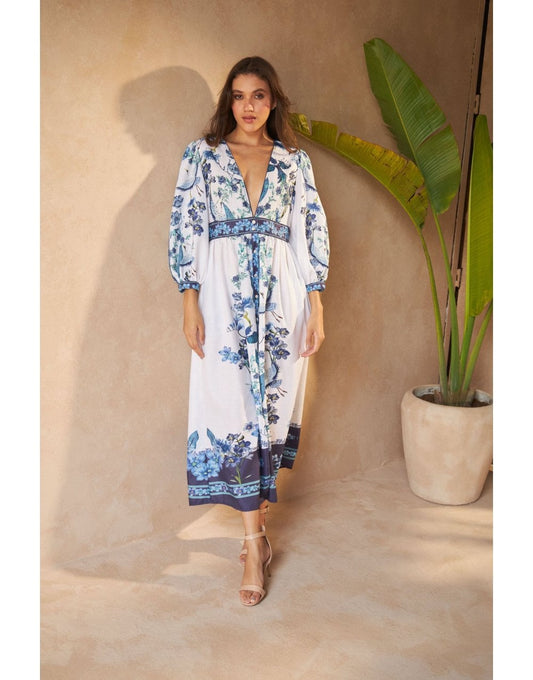 Young Ideas/Henmores - Saigon Linen Crystal Dress - Blue Flowers - XS