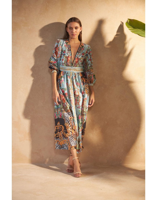 Young Ideas/Henmores - Saigon Linen Crystal Dress - Blue Flowers - XS