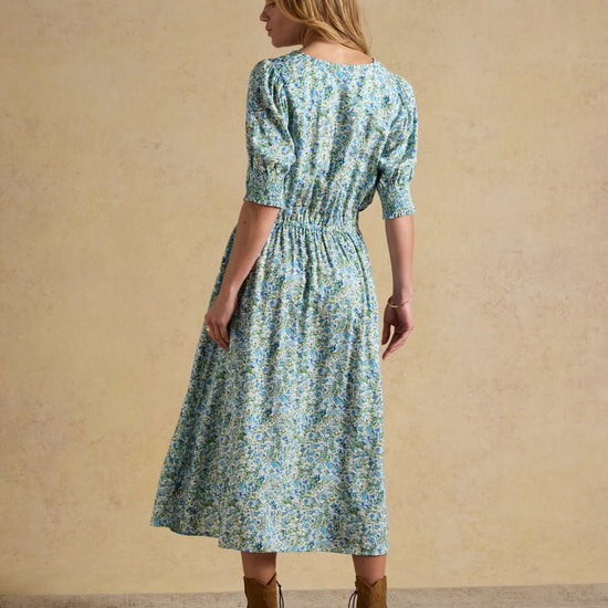 Young Ideas & Henmores - Adele Floral Puff Sleeve Midi Dress - Green/Blue - 8