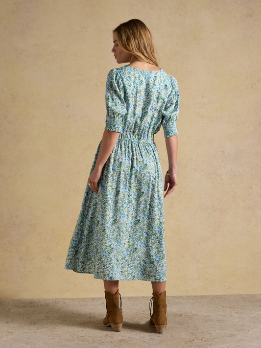 Young Ideas & Henmores - Adele Floral Puff Sleeve Midi Dress - Green/Blue - 8