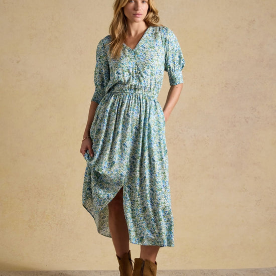 Young Ideas & Henmores - Adele Floral Puff Sleeve Midi Dress - Green/Blue - 8