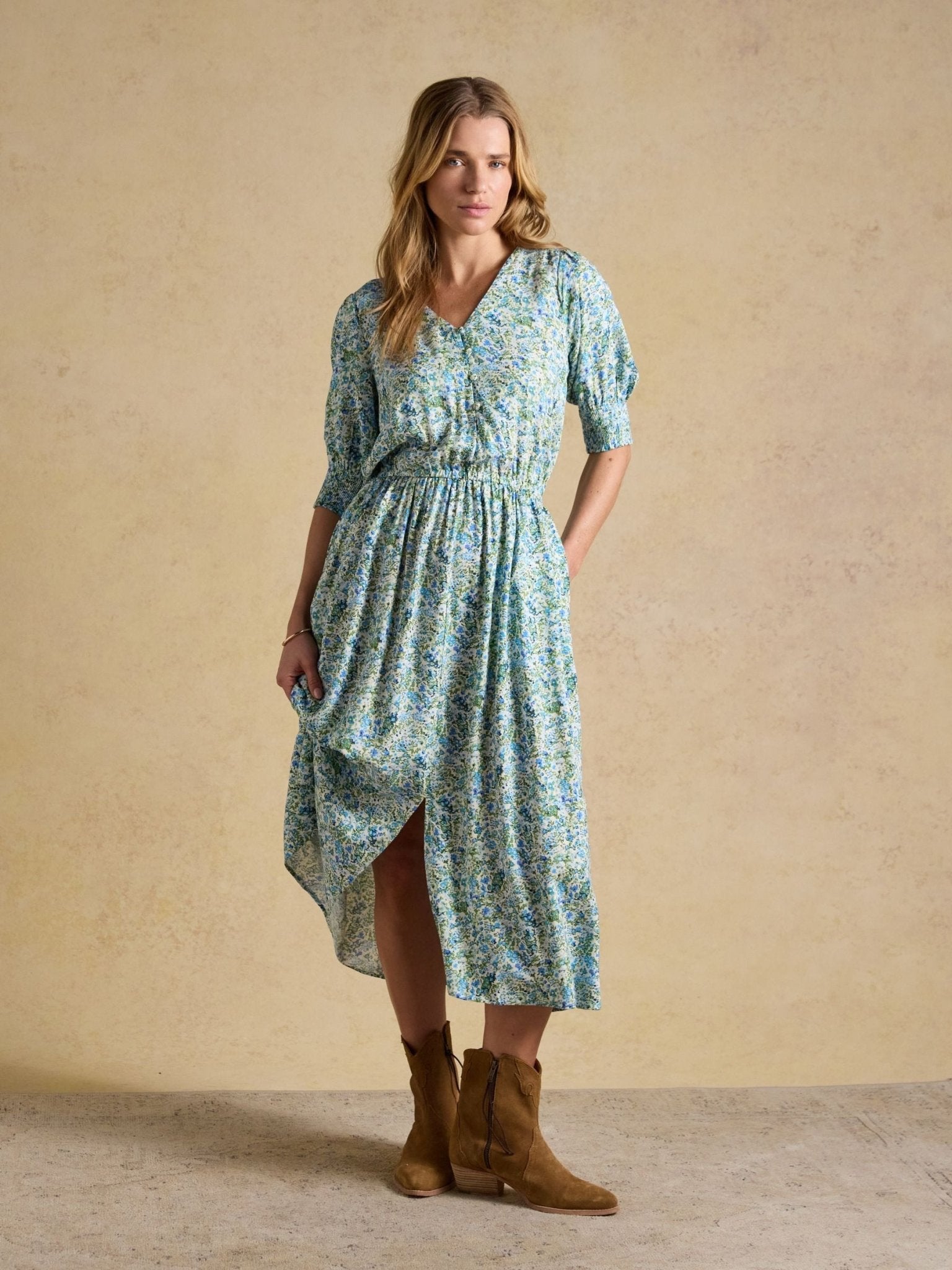 Young Ideas & Henmores - Adele Floral Puff Sleeve Midi Dress - Green/Blue - 8
