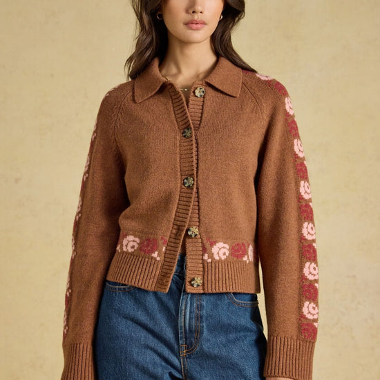 Young Ideas & Henmores -Cowboy Collared Cardigan -Tan Brown -L