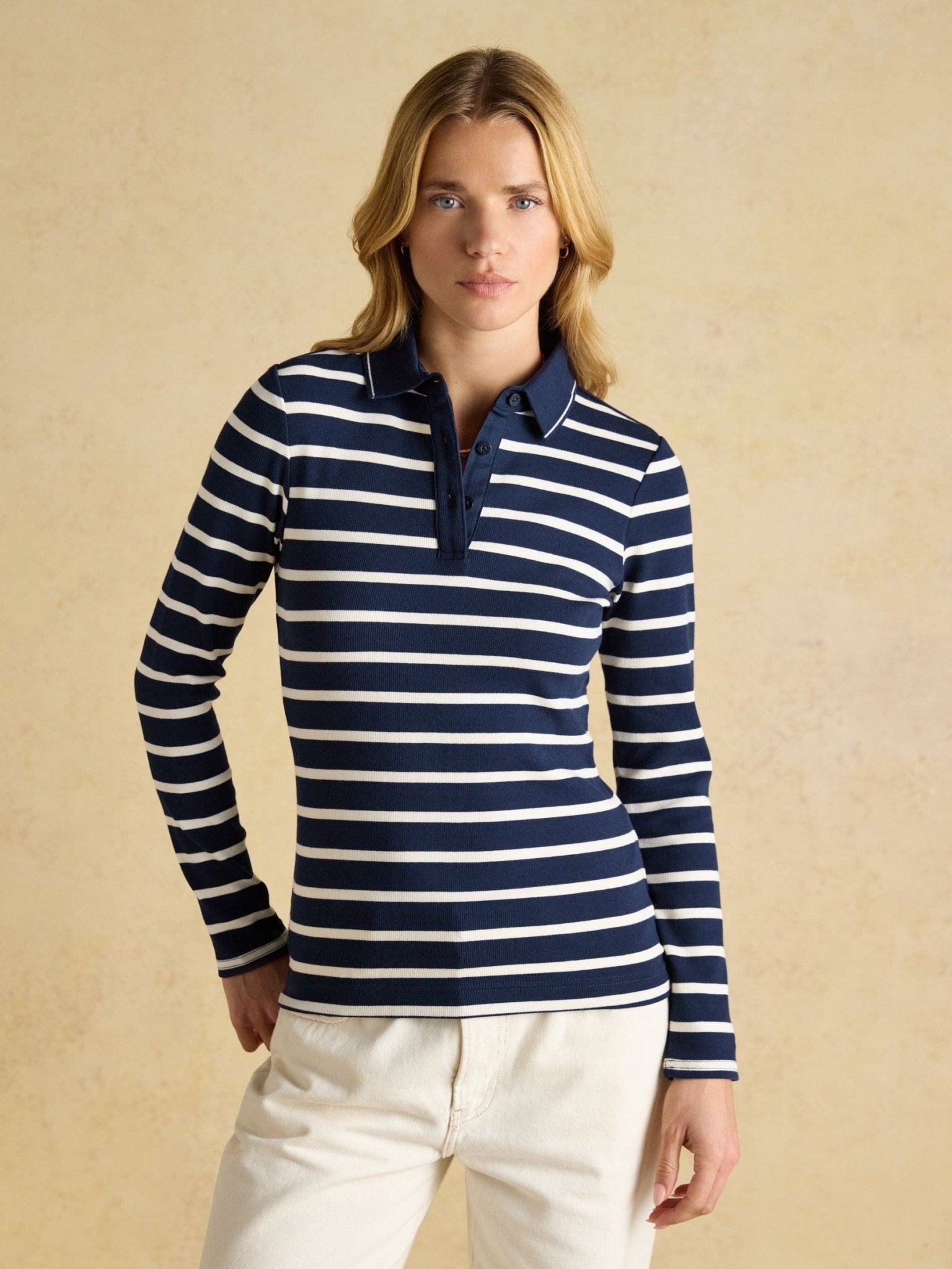 Young Ideas/Henmores - Fairfield Long Sleeve Polo - Navy/Cream Stripe - 8