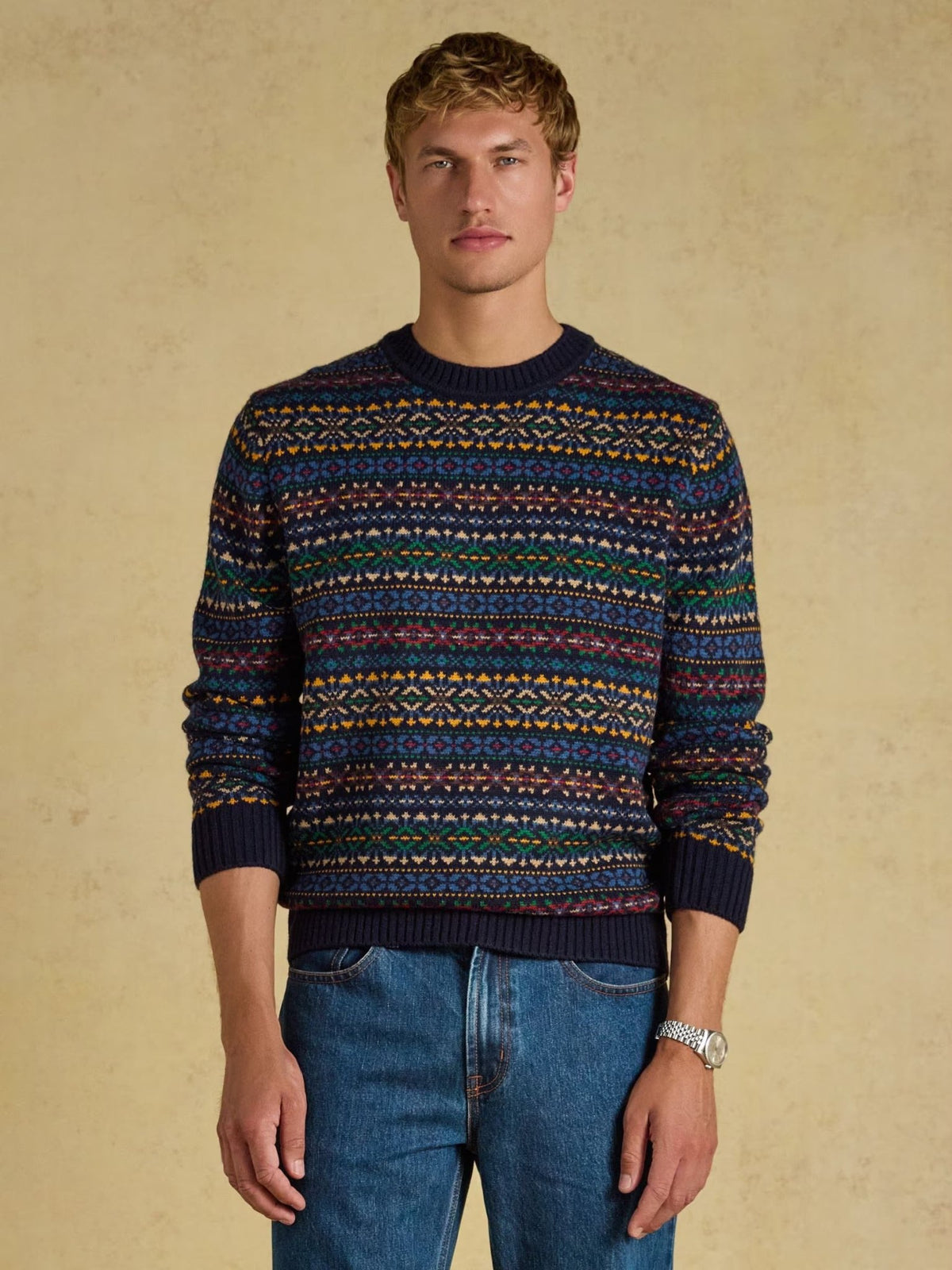 Young Ideas & Henmores -Fairisle Crew Neck Knit -Navy Multi -M