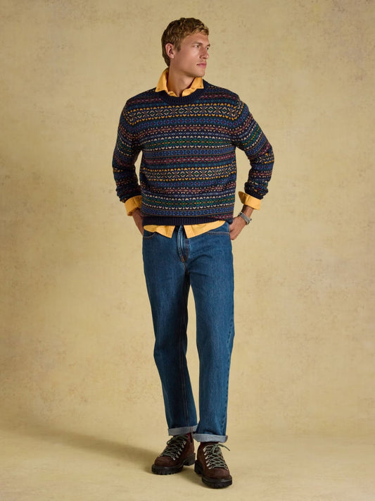 Young Ideas & Henmores -Fairisle Crew Neck Knit -Navy Multi -M