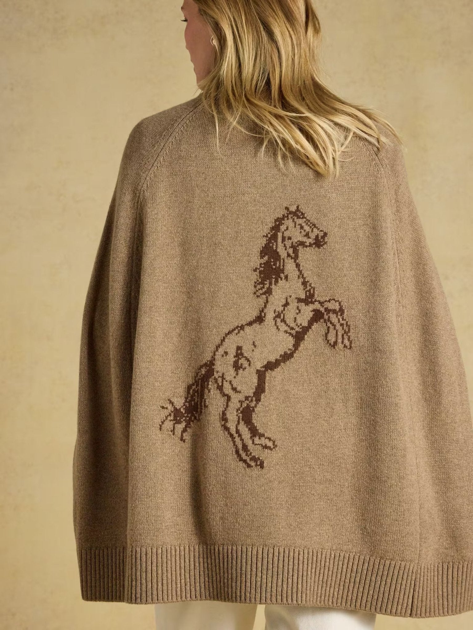 Young Ideas & Henmores -Intarsia Horse Knitted Cape -Tan -M-L