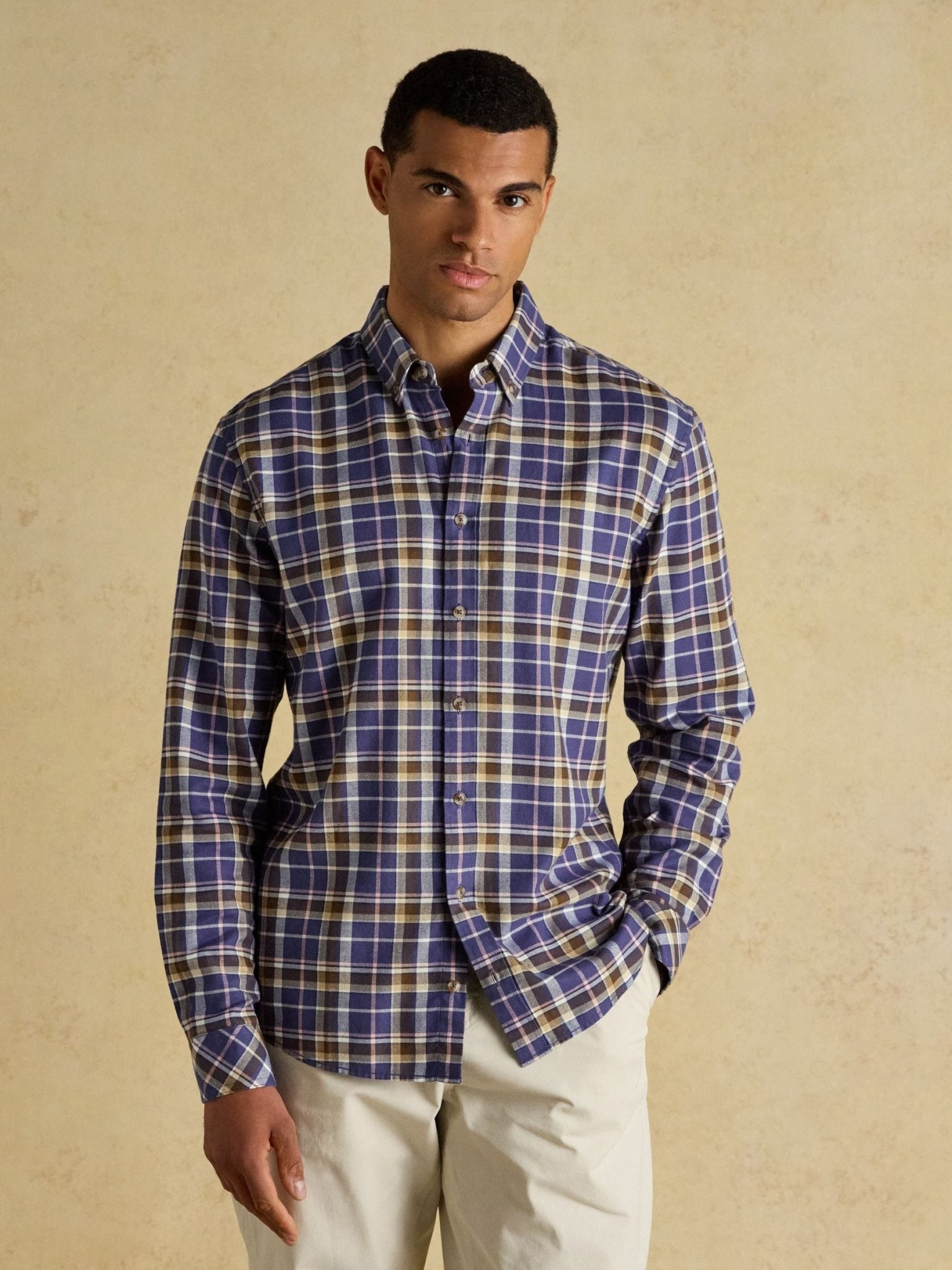 Young Ideas/Henmores - Lightweight Brushed Flannel Shirt - Navy/Pink - M