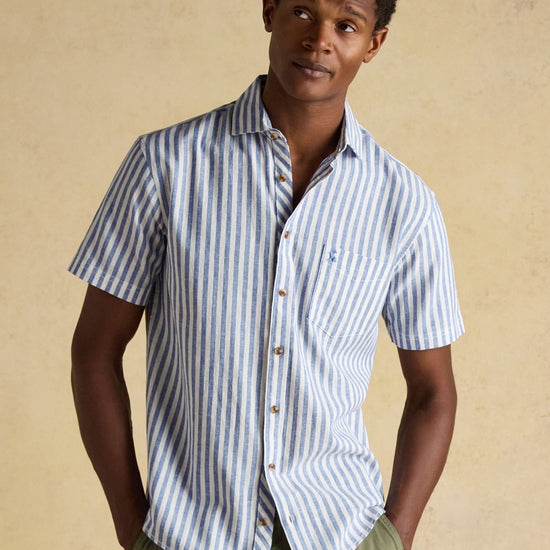 Young Ideas/Henmores - Linen Blend Short Sleeve Shirt - Blue/White Stripe - M