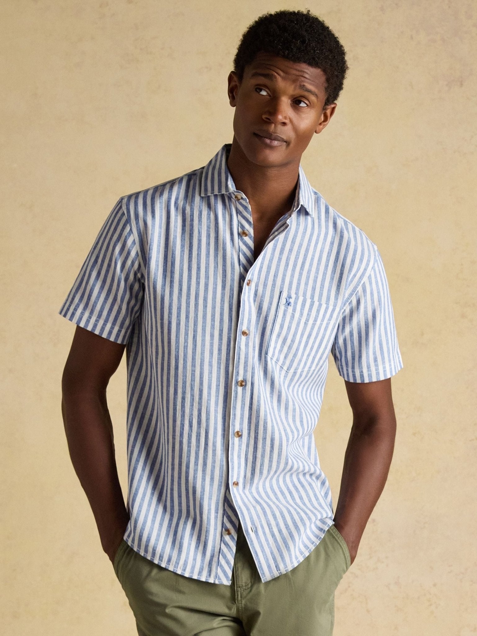 Young Ideas/Henmores - Linen Blend Short Sleeve Shirt - Blue/White Stripe - M