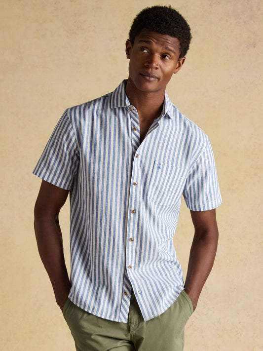 Young Ideas/Henmores - Linen Blend Short Sleeve Shirt - Blue/White Stripe - M