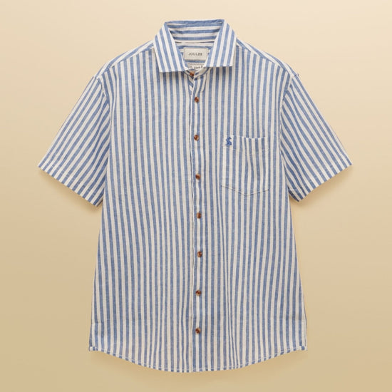 Young Ideas/Henmores - Linen Blend Short Sleeve Shirt - Blue/White Stripe - M