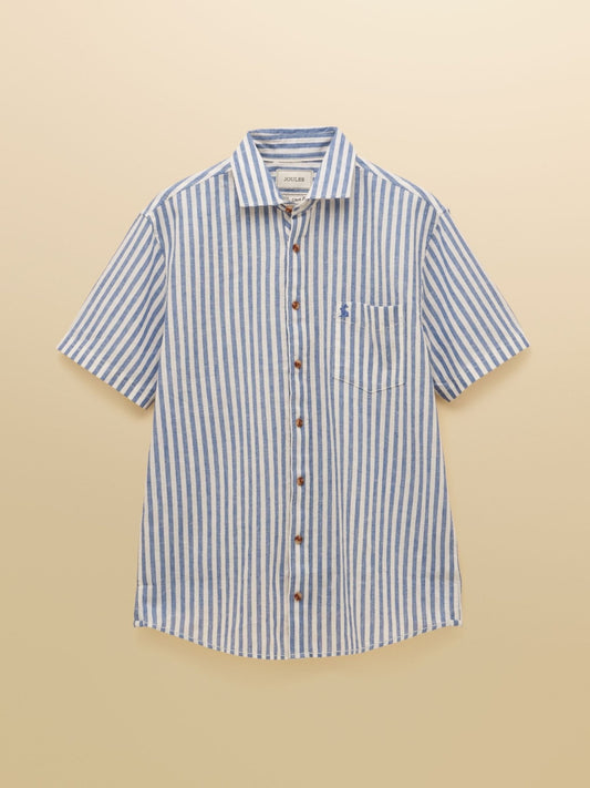 Young Ideas/Henmores - Linen Blend Short Sleeve Shirt - Blue/White Stripe - M