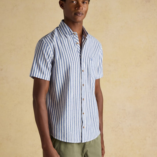 Young Ideas/Henmores - Linen Blend Short Sleeve Shirt - Blue/White Stripe - M