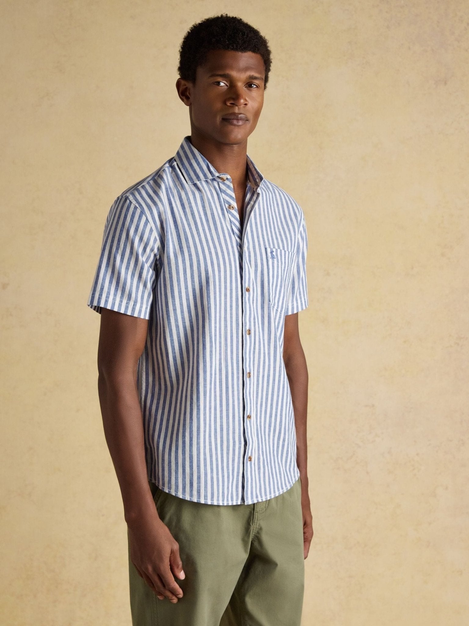 Young Ideas/Henmores - Linen Blend Short Sleeve Shirt - Blue/White Stripe - M