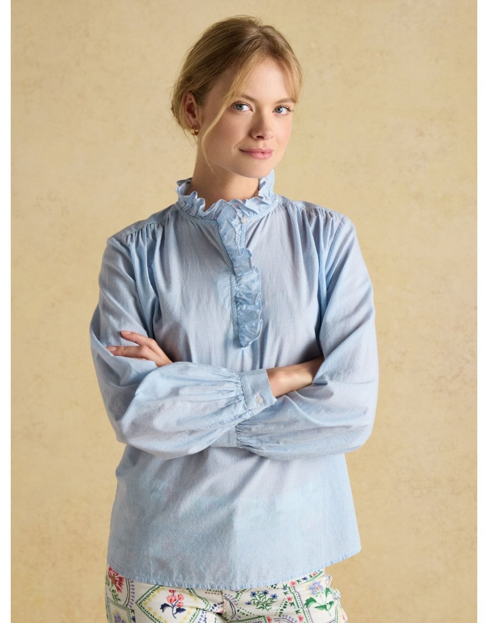 Young Ideas/Henmores - Melanie Frill Detail Long Sleeve Top - Blue/White - 10