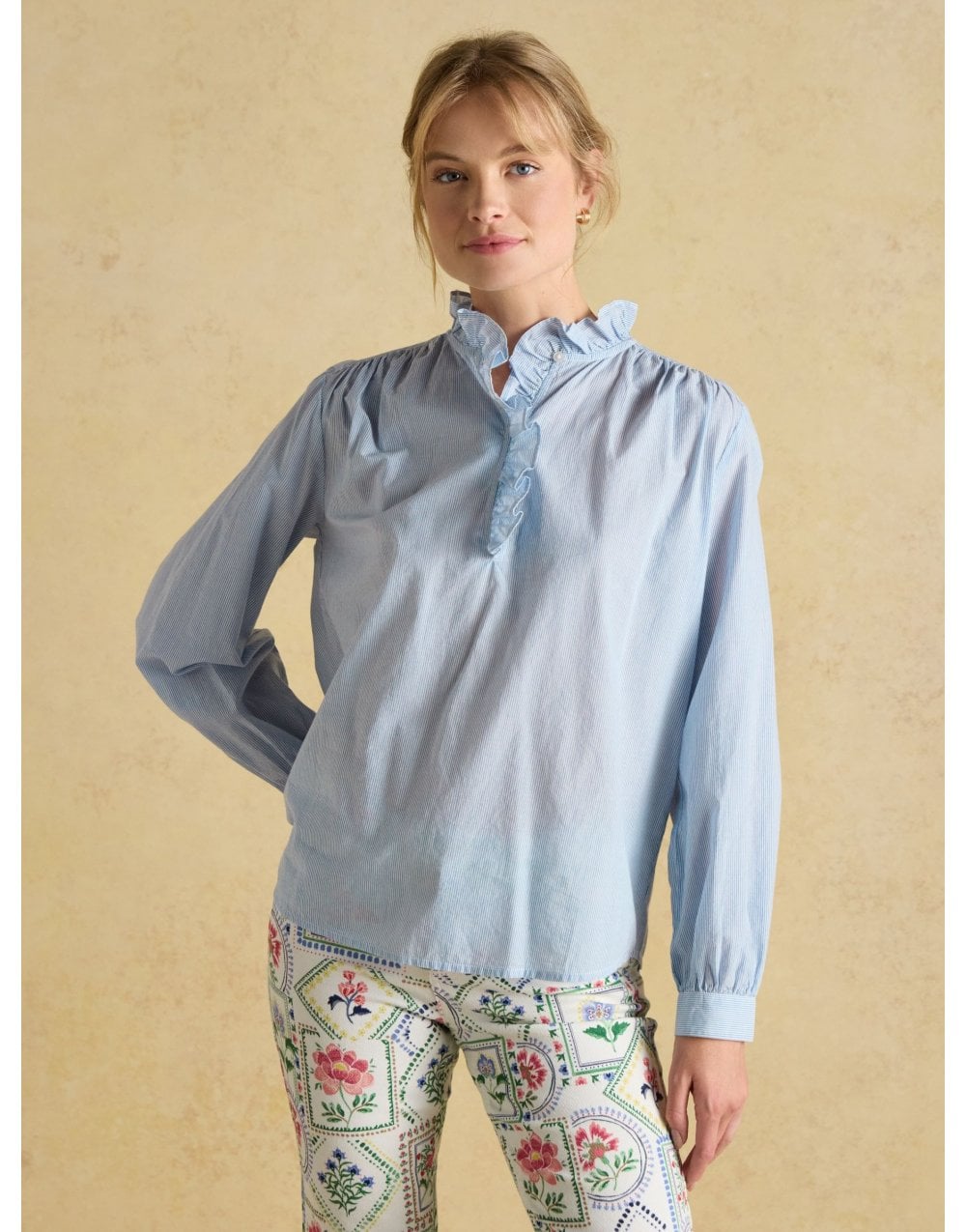 Young Ideas/Henmores - Melanie Frill Detail Long Sleeve Top - Blue/White - 10