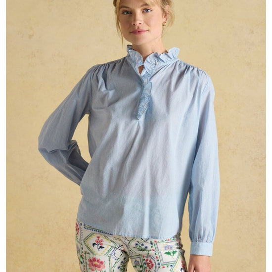 Young Ideas/Henmores - Melanie Frill Detail Long Sleeve Top - Blue/White - 10