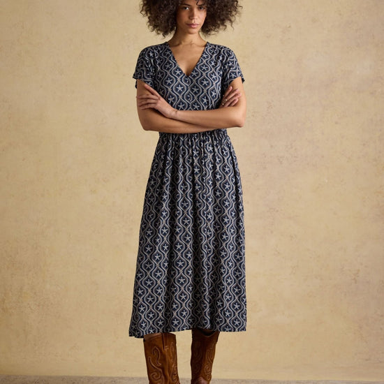 Young Ideas & Henmores - Nia Star Print Short Sleeve Dress - Navy - XS