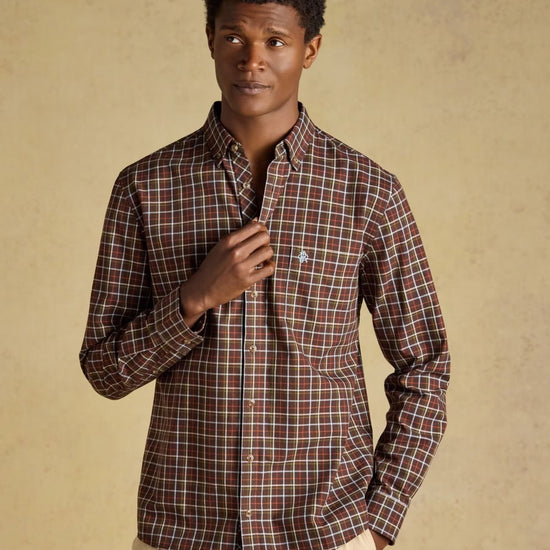 Young Ideas & Henmores -Oxford Check Classic Fit -Chocolate Brown -M