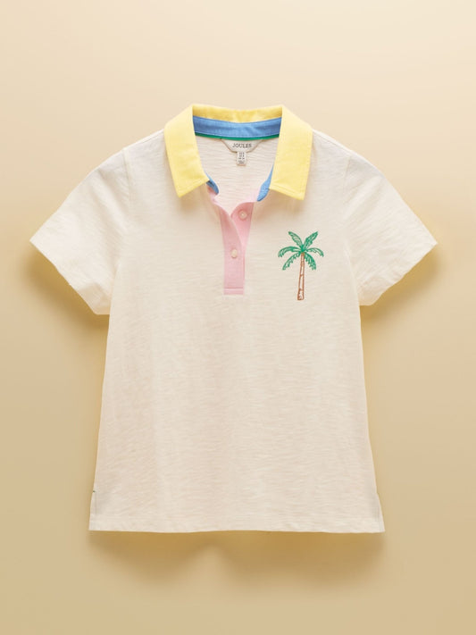 Young Ideas & Henmores - Tallie Short Sleeve Polo Top - Cream Embroidered Palm Tree - 8