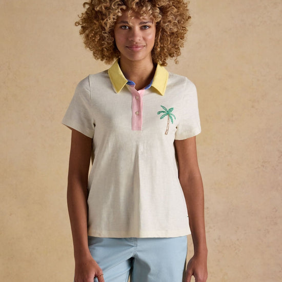 Young Ideas & Henmores - Tallie Short Sleeve Polo Top - Cream Embroidered Palm Tree - 8