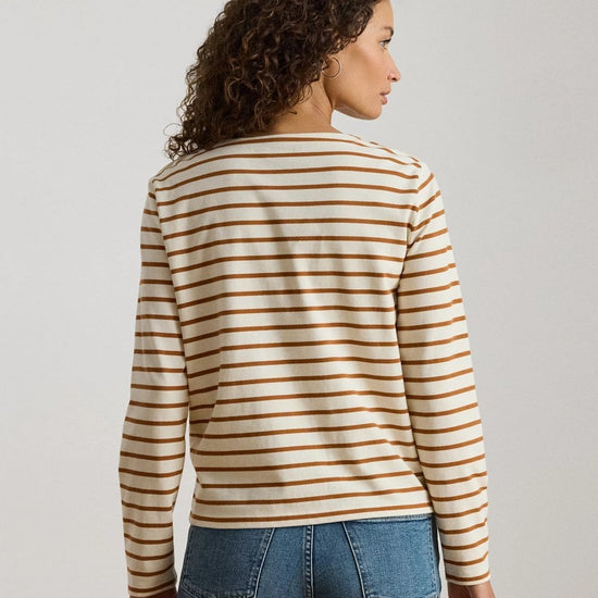Young Ideas/Henmores - Crevan Boat Neck Striped Long Sleeve T-Shirt - Cream/Tan - S