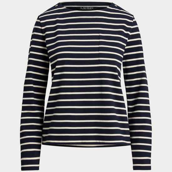 Young Ideas/Henmores - Crevan Boat Neck Striped Long Sleeve T-Shirt - Cream/Tan - S