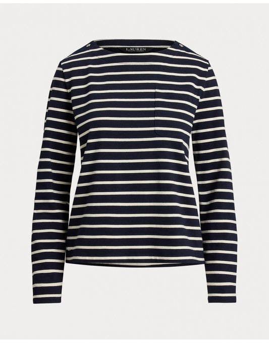 Young Ideas/Henmores - Crevan Boat Neck Striped Long Sleeve T-Shirt - Cream/Tan - S