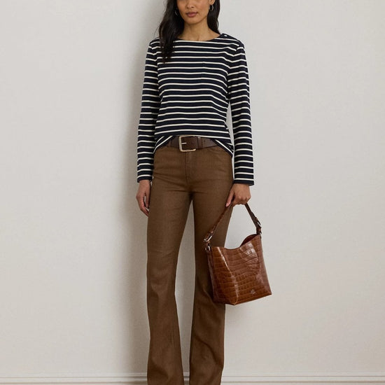 Young Ideas/Henmores - Crevan Boat Neck Striped Long Sleeve T-Shirt - Cream/Tan - S