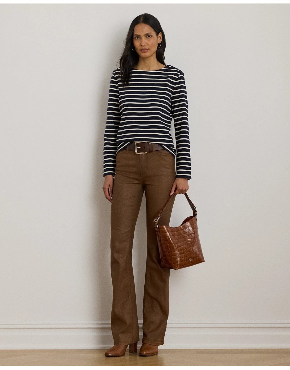 Young Ideas/Henmores - Crevan Boat Neck Striped Long Sleeve T-Shirt - Cream/Tan - S