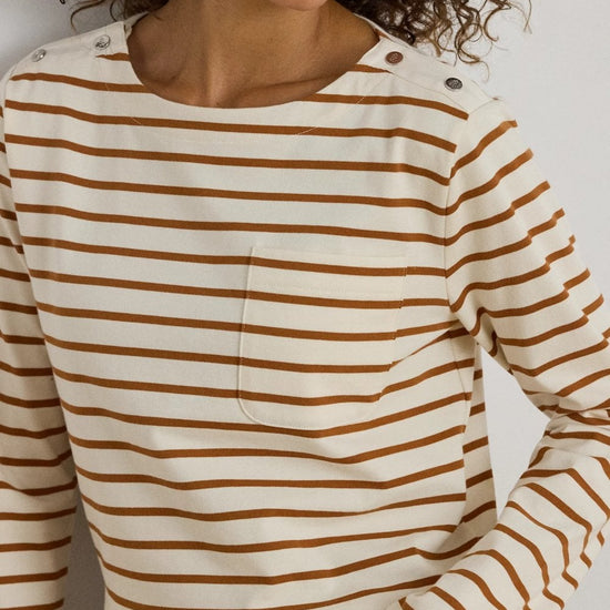Young Ideas/Henmores - Crevan Boat Neck Striped Long Sleeve T-Shirt - Cream/Tan - S