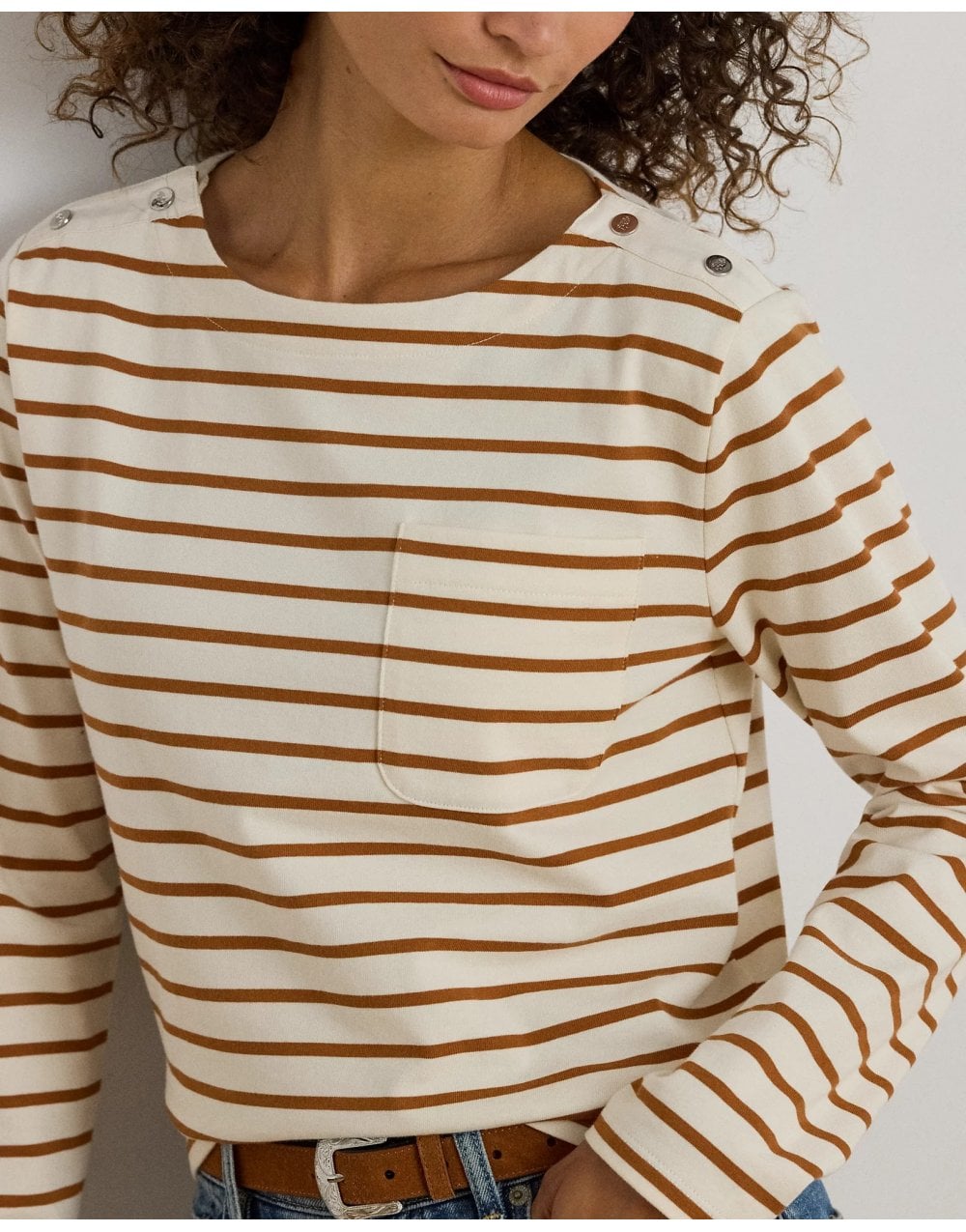 Young Ideas/Henmores - Crevan Boat Neck Striped Long Sleeve T-Shirt - Cream/Tan - S