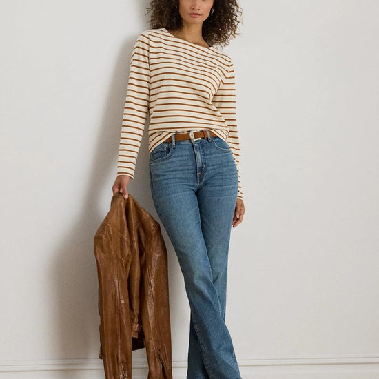 Young Ideas/Henmores - Crevan Boat Neck Striped Long Sleeve T-Shirt - Cream/Tan - S