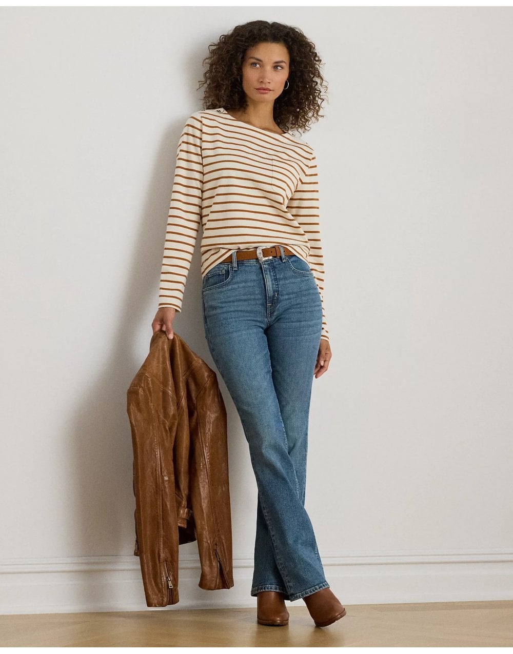 Young Ideas/Henmores - Crevan Boat Neck Striped Long Sleeve T-Shirt - Cream/Tan - S