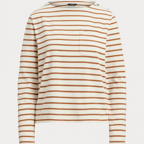 Young Ideas/Henmores - Crevan Boat Neck Striped Long Sleeve T-Shirt - Cream/Tan - S