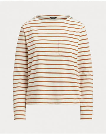 Young Ideas/Henmores - Crevan Boat Neck Striped Long Sleeve T-Shirt - Cream/Tan - S